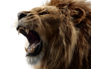 Closeup of a male lion roaring with its mouth wide open, showing sharp teeth and mane, isolated on transparent background