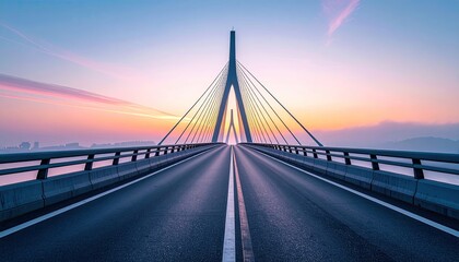 Obraz premium Modern suspension bridge stretching across a body of water at sunrise with warm glowing sky and distant city skyline silhouette.