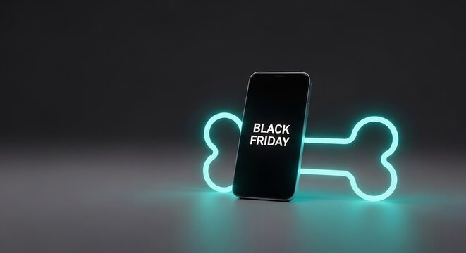 Sleek Black Friday promo design featuring a phone screen against a luminous bone outline. Ideal for ads, tech deals, pet supplies sales, or holiday promotion needs.