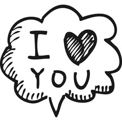 Hand drawn doodle speech bubble with I Love You text and heart symbol in black ink on a transparent background representing affection and romance