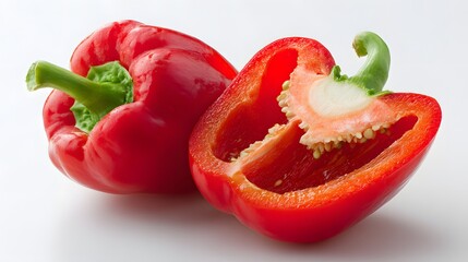 Bright red bell pepper presented whole and sliced in half on a white surface