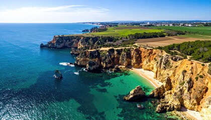 Obraz premium Scenic coastal cliffs meeting turquoise ocean waters with sandy beach cove and distant town under bright sunny sky