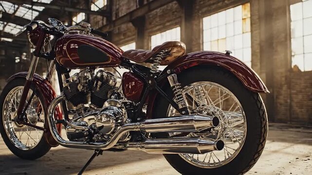 Vintage custom motorcycle red chrome elements industrial warehouse setting classic vehicle transportation