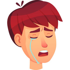 Cartoon illustration of a young man with short red hair crying tears of sadness on a transparent background with a white shirt collar visible