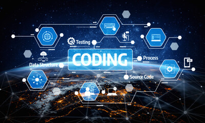 This artistic image showcases coding concepts with various elements like data structure and source code integrated into a cosmic background, emphasizing technology impact. Tessel
