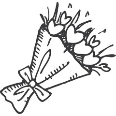 Hand Drawn Black And White Bouquet Of Hearts With A Ribbon Bow On A Transparent Background For Valentines Day