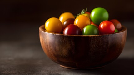 Multicolored cherry produce fills a dark wooden container resting on a muted surface.