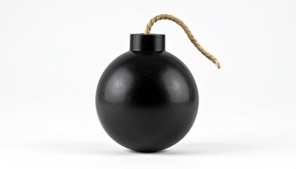 Black Bomb with Lit Fuse on White Background - Danger and Destruction.