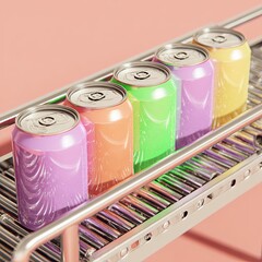 Colorful cans on a conveyor belt.  Pastel hues