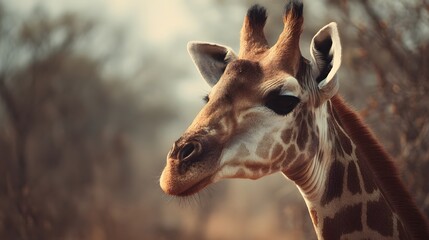 Obraz premium Close up profile portrait captures the majestic head and neck of a wild giraffe in natural light
