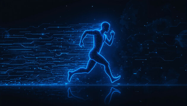 Neon Blue Wireframe Human Runner