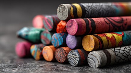 Colorful, decorative crayons stacked in a pyramid shape