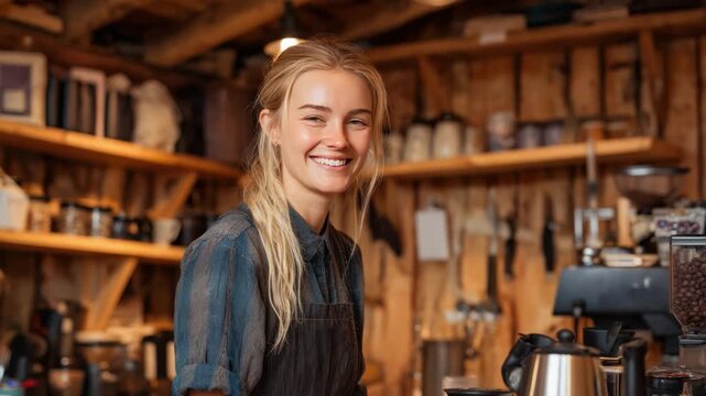 The Smiling Entrepreneur: A radiant, confident woman stands in her cozy establishment, her genuine smile reflects the warmth and inviting atmosphere of her work. 
