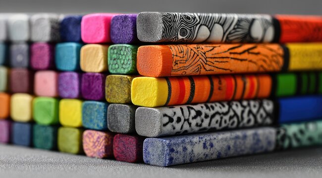 Colorful art supplies stacked in a close-up view.  Variety of vibrant and patterned crayons and colored pencils arranged in an intricate, geometric structure