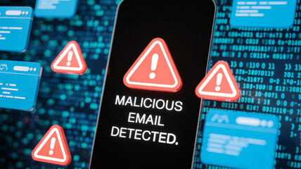 Malicious Email Detected Cyber Security Alert on Smartphone Screen Data Protection Warning Against Phishing and Scams