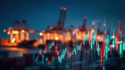 Nighttime port with financial data overlaid