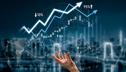 A hand reaches towards an upward trending graph showcasing financial growth and analysis. This...