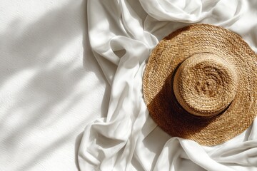 Light-brown straw hat atop draped white fabric. Sunlight casts shadows