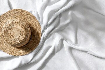 Light beige straw hat atop a white linen fabric