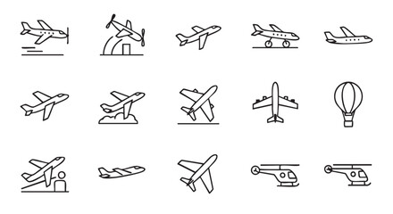 Set of airplane icons in black and white line art style