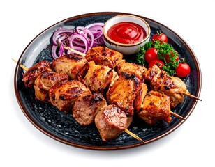 Fototapeta premium Grilled meat skewers with garnish on a patterned plate, isolated