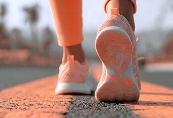 Close-up of a person's feet and legs in light peach-colored athletic shoes, walking on a light orange/terracotta surface