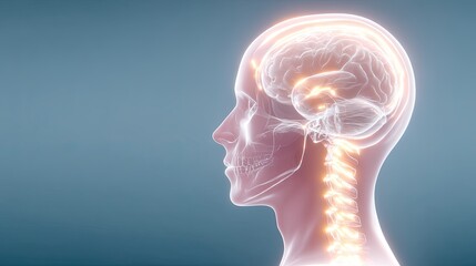 Obraz premium Anatomical Illustration of Human Brain and Spine with Glowing Neural Pathways in a Minimalist Style