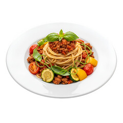 A plate of pasta with meat and vegetables, isolated on white or transparent background. PNG