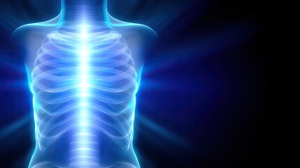 Illuminated Human Skeleton with Radiant Ribcage and Spinal Column on Dark Background