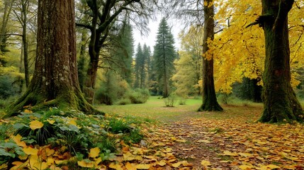 Obraz premium Autumnal Forest Floor with Golden Leaves and Evergreen Trees, a Serene Woodland Scene in Soft Light