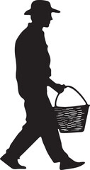 Agricultural worker silhouette holding baskets of produce in field