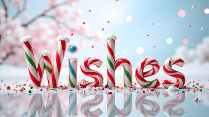 Colorful candy cane letters forming the word Wishes with snow and sprinkles in a cheerful winter setting.