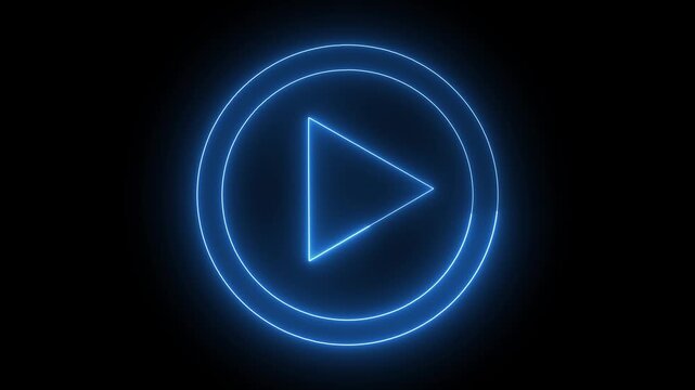 Neon glowing Video play button icon animated on a black background.