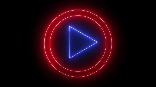 Neon glowing Video play button icon animated on a black background.