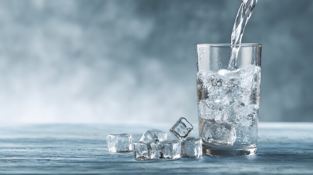 Refreshing clear liquid pours into a tall glass filled with solid frozen water cubes