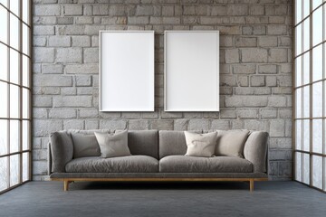Fototapeta premium Two blank frames hang above a sofa near large windows.