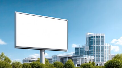 Fototapeta premium Empty Billboard Stand Displaying Clear Sky Background with Modern Urban Buildings in the Environment