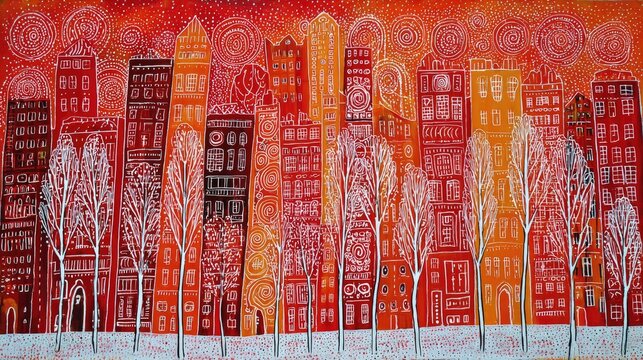 A vibrant city skyline showcases tall buildings adorned with intricate designs, set against a warm sunset background. White trees stand in the foreground, adding a winter touch.