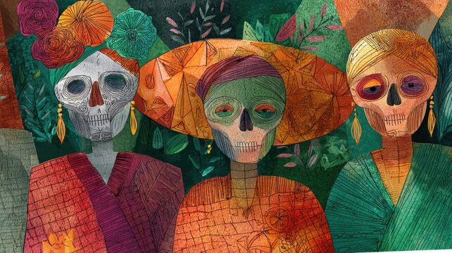 Colorful skeletons celebrate cultural heritage during a festive gathering in a vibrant landscape filled with plants