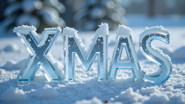 Shiny glass letters spelling XMAS covered with frost and snow on a bright winter day.