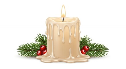 Warm glowing candle with melting wax, festive fir branches & red berries on white background