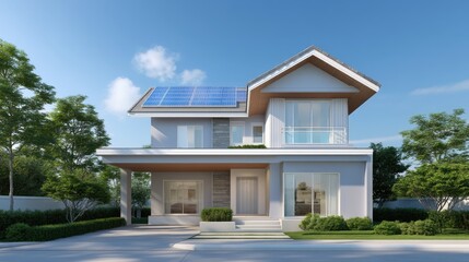 Fototapeta premium Modern Eco-Friendly House with Solar Panels in Bright Sunny Environment