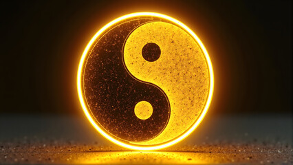 Bright golden yin yang symbol glowing in the dark, representing harmony and balance.