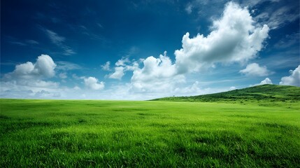 Vibrant green grassland stretches toward a distant, rolling hill beneath a dramatic blue sky filled with white clouds