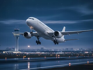 Fototapeta premium A large passenger jet takes off from an airport runway at dusk, with a control tower and city skyline in the background.