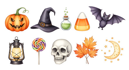 Obraz premium Halloween collection of spooky elements including a jackolantern, witch hat, potion, candy corn, bat, lantern, lollipop, skull, autumn leaves, and moon isolated on transparent background