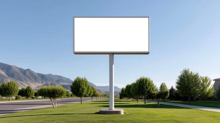 Blank Billboard in Scenic Landscape Ready for Advertising Space Near Roadway and Mountains