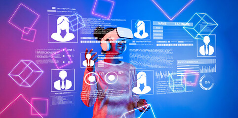 This image showcases an individual engaging with virtual reality technology, exploring themes of digital identity and security in an immersive online environment. XDMCP