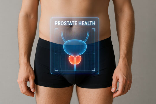Prostate health concept showing male lower abdomen with digital medical illustration of prostate gland in red highlighting medical focus on urology and male health care treatment