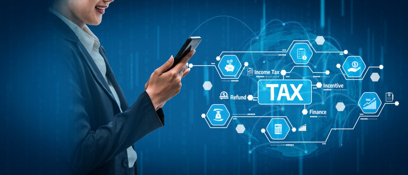 A business person engages with tax-related financial data on a smartphone. The image features digital icons representing various financial concepts in a modern workspace. Tessel - Powered by Adobe